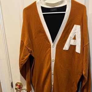 ZARA MAN Rust Cardigan with White Letter A Varsity Style